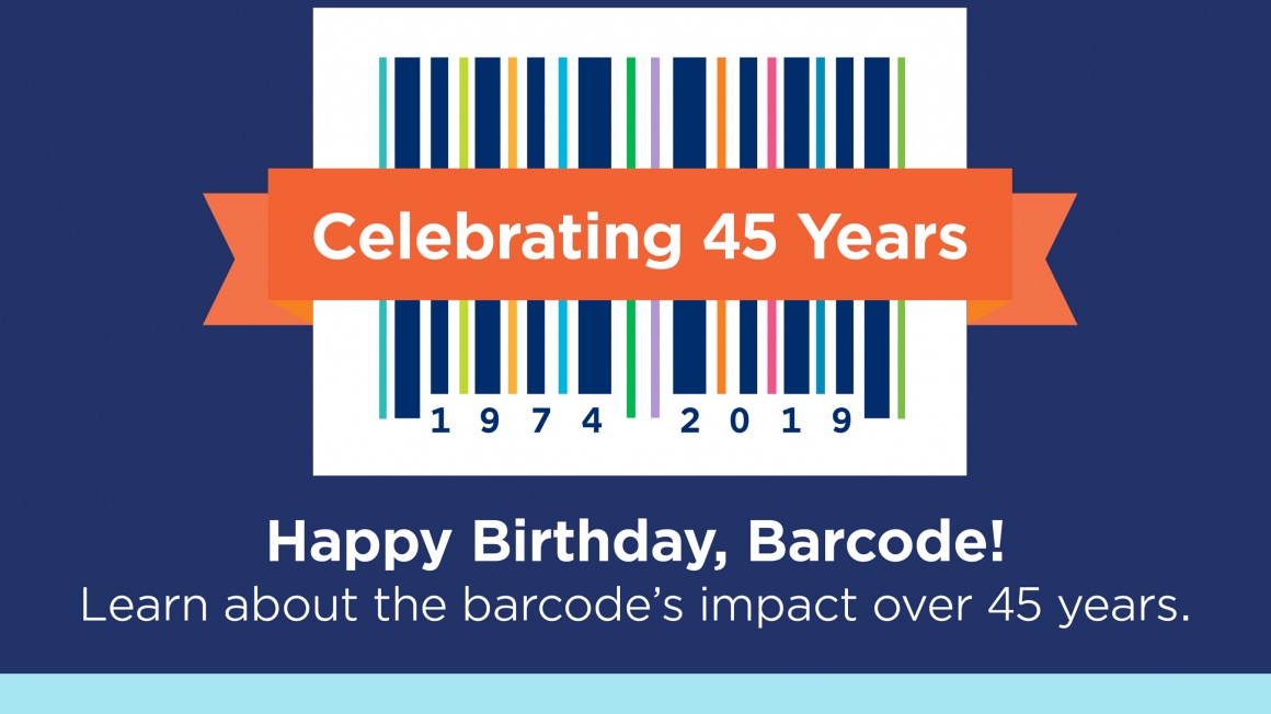 Graphic of a barcode with an anniversary-text; copyright: GS1 US...