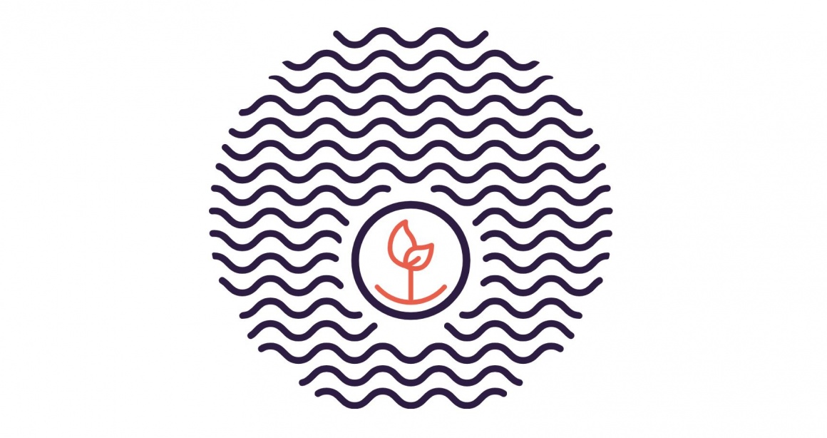 Simple graphic with a circle of waves with a small plant in the middle;...
