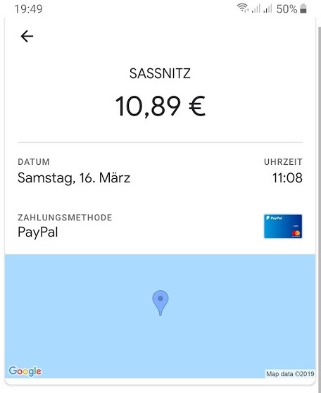 Mobile screenshot with payment confirmation and blue sea on Google Maps...