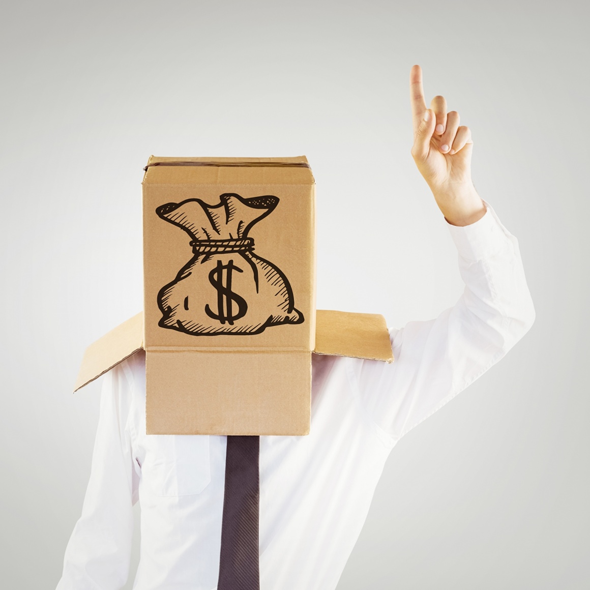Business man with a paper bag over his head, a money bag drawn on it, raises...