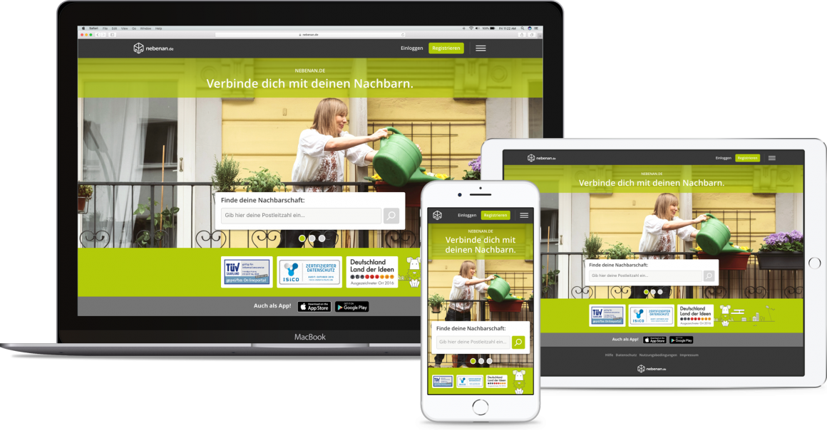 Desktop, tablet and smartphone view of the homepage of nebenan.de....