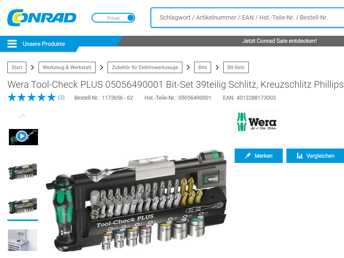 Screenshot of the Conrad webshop with product page