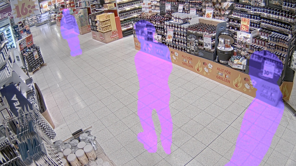 Purple transparent silhouettes of people in a supermarket...