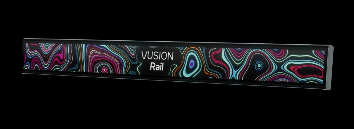 A slim digital display showing the text VUSION Rail...