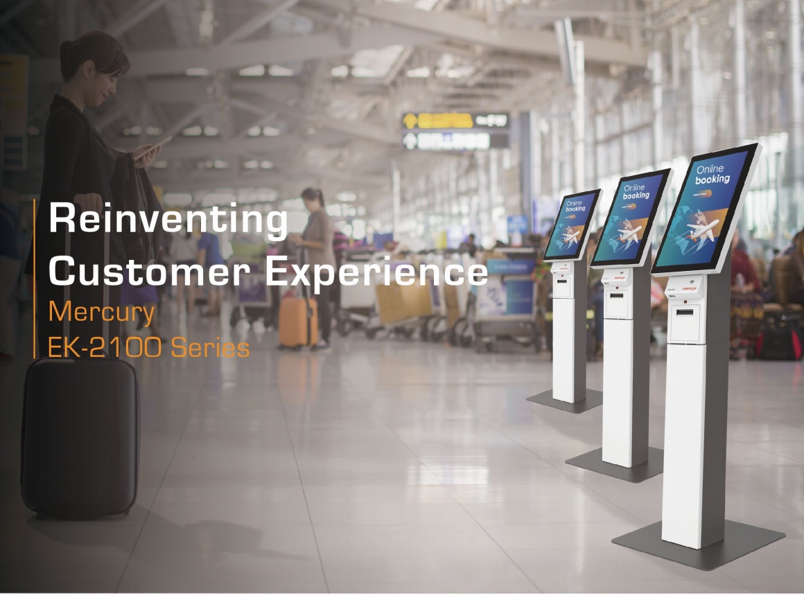 An airport terminal hall with passengers and self-service kiosks...