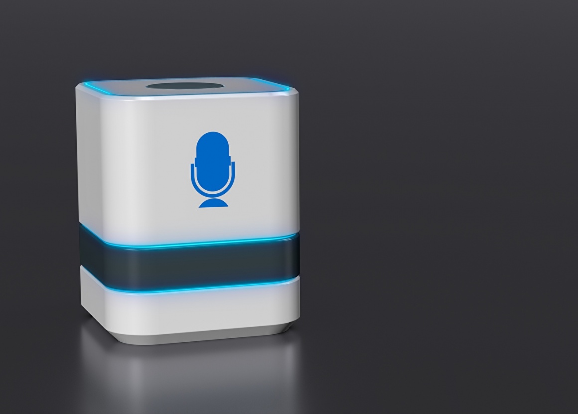 A voice assistant, a white box with an image of a microphone on it...