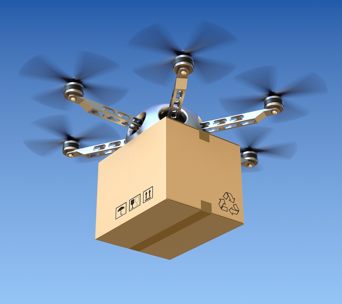 A drone carrying a package