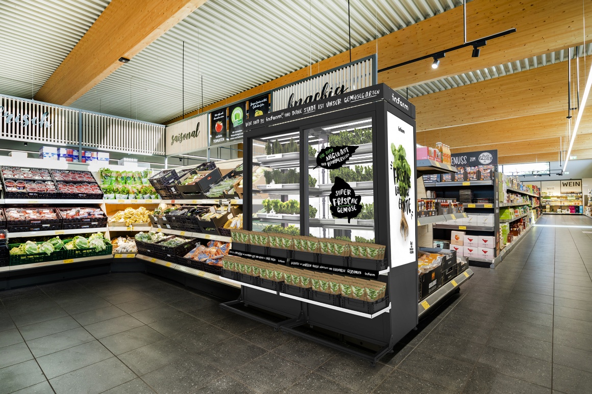 A graphic of a supermarket with a greenhouse module with fresh herbs...