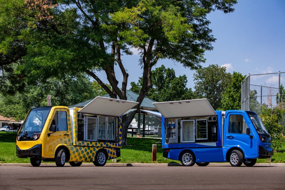 Two vehicles in yellow and blue