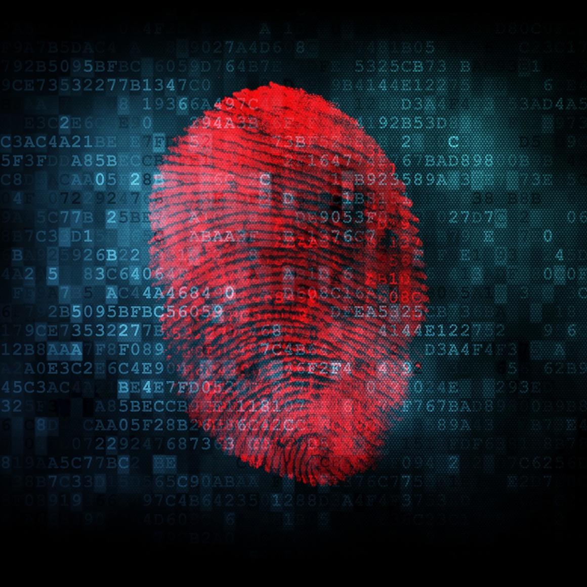 A red digital fingerprint in front of rows of numbers and letters...