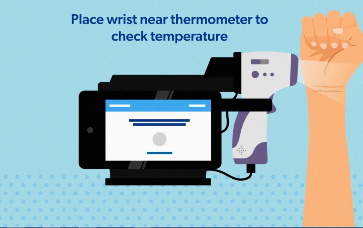 Graphic of a health screening kiosk and a screened arm; copyright: Sams Club...