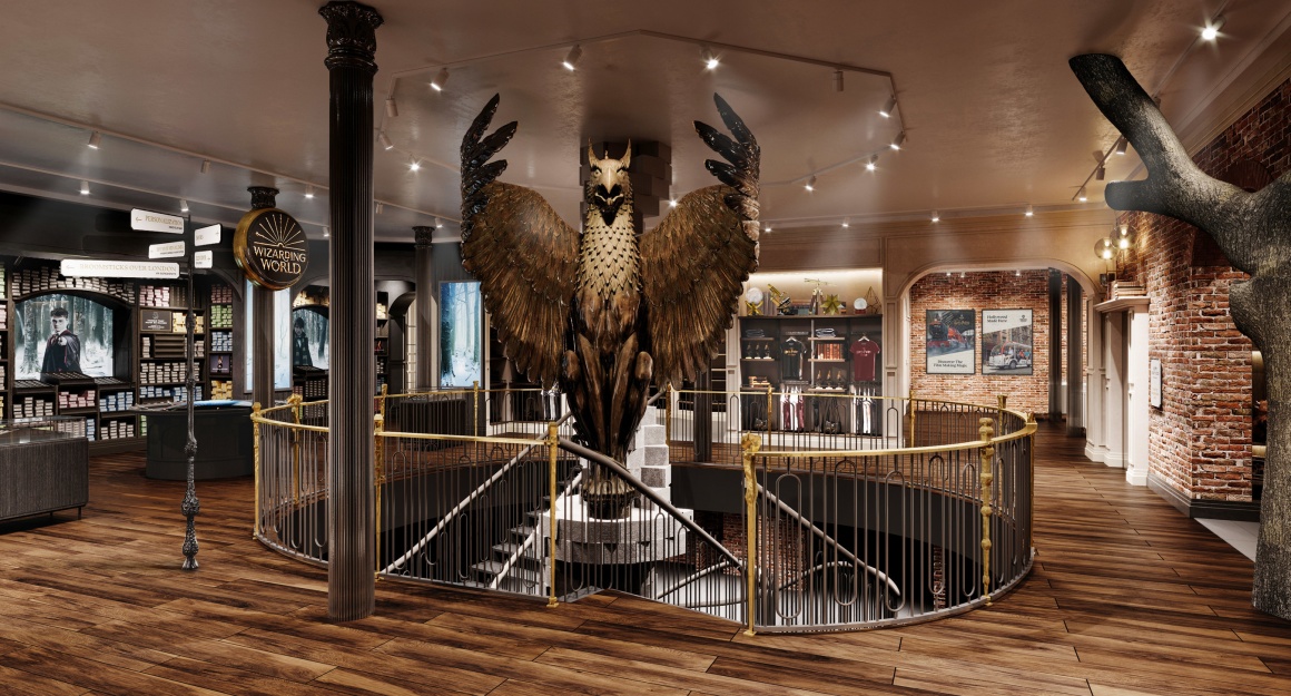 Fawkes the Phoenix in the middle of the Harry Potter flagship store...