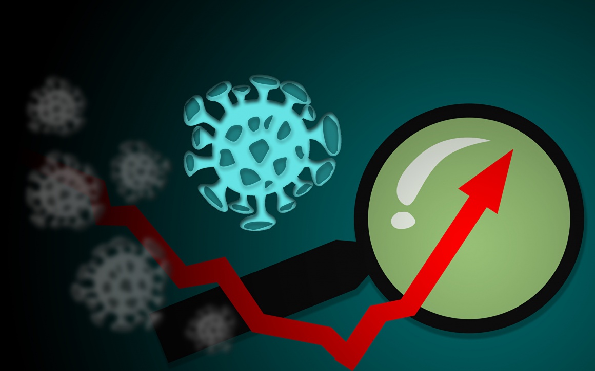 diagram with upward pointing arrow,
magnifying glass and symbol of a virus...