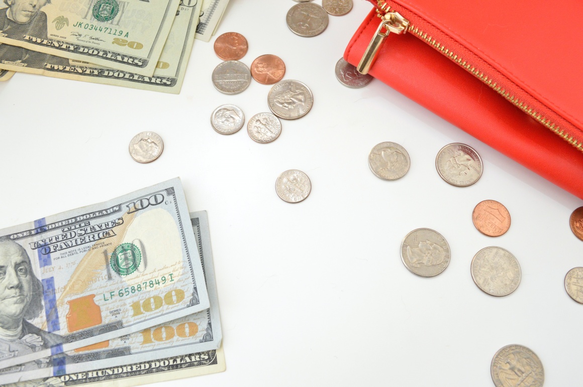 bank notes, coins and a purse on a white background...