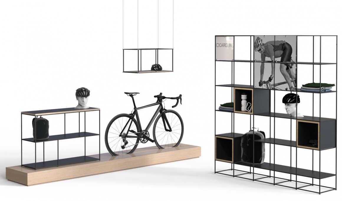 Mockup of an open goods shelf in a bicycle store with a bicycle...