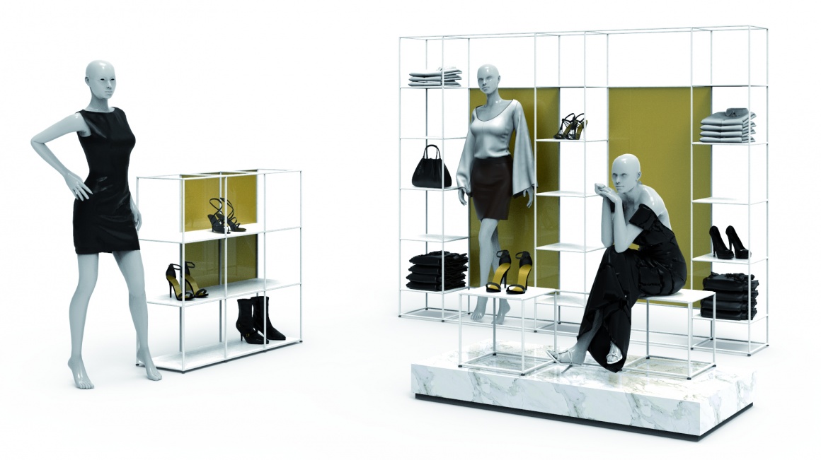 Mockup of an open shelf in a fashion store with a mannequin...