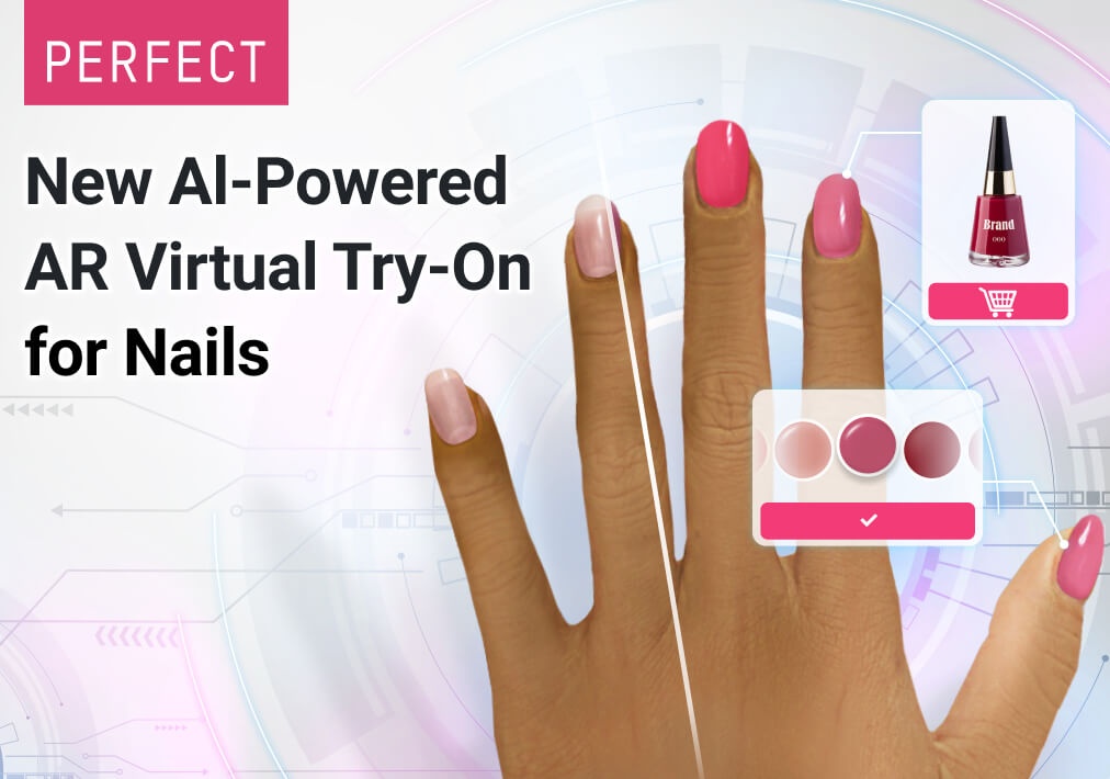 A virtual hand with different colored nails, a bottle of nail polish and text...