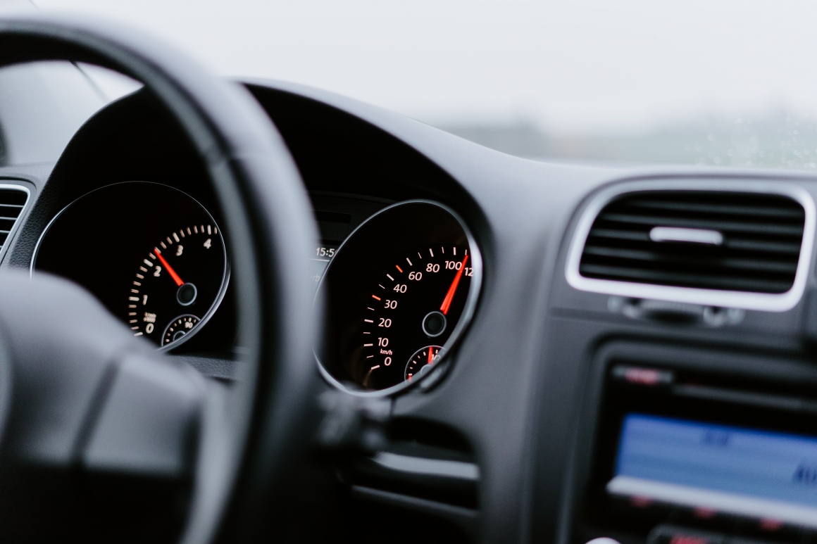 The black dashboard of a modern car